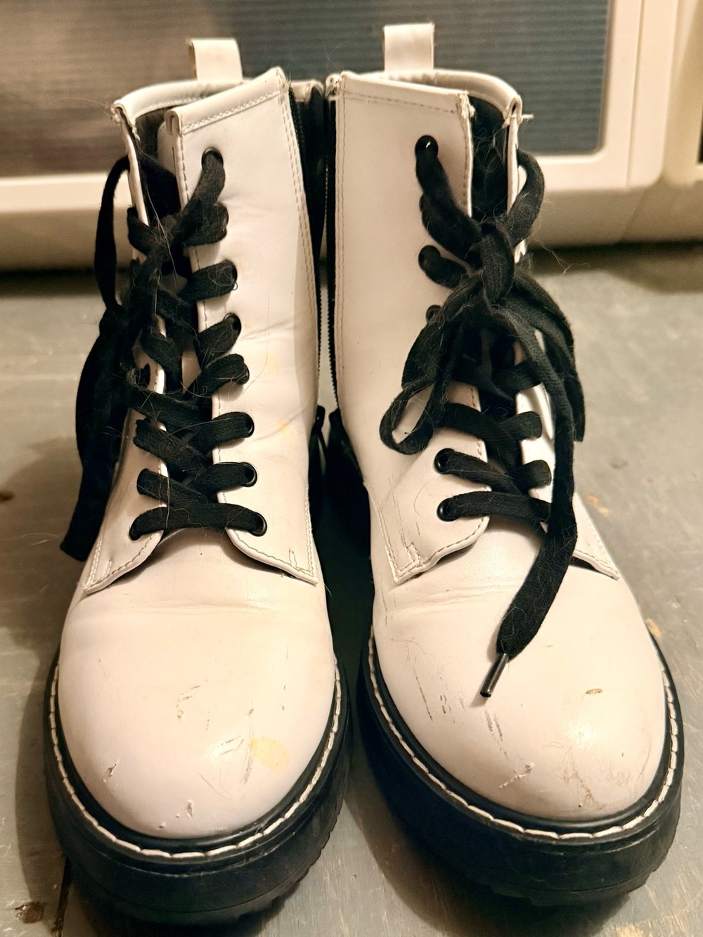 Madden Girl White Lace-Up Platform Combat Boots with Black Laces